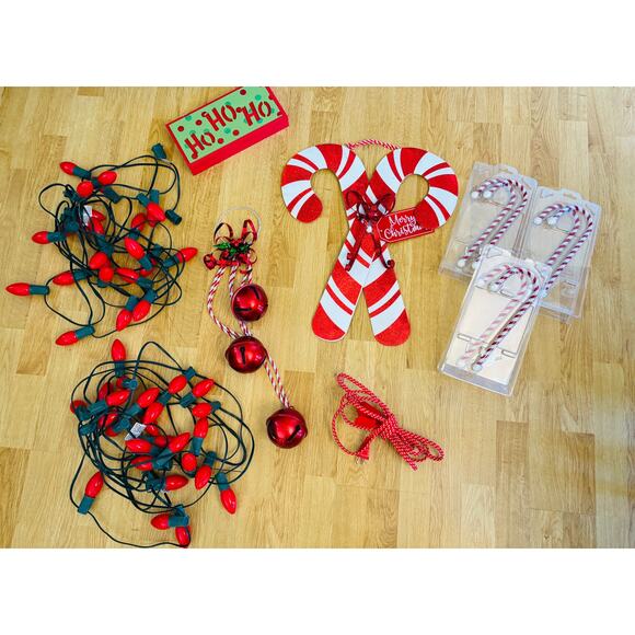 12PC Candy Cane Red White Christmas Holiday Decor Lights Stocking Holders Bells - Picture 1 of 10